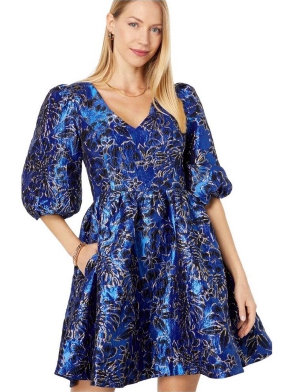 Lilly Pulitzer Calyssa Blue and Black Floral Brocade Dress